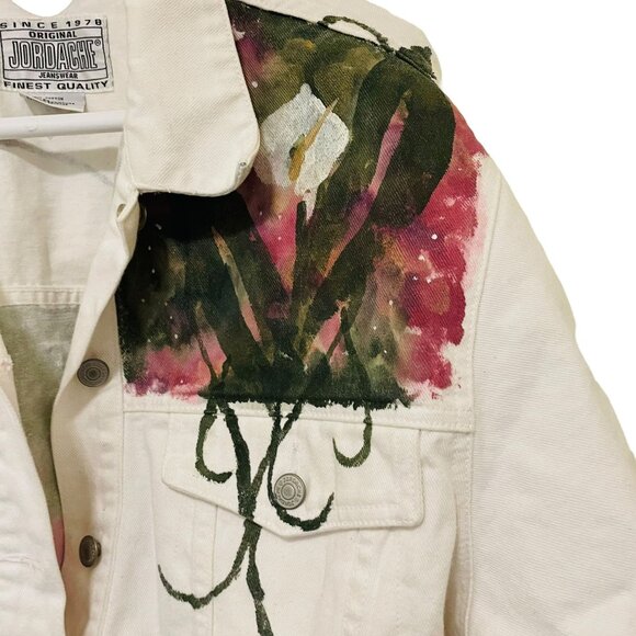 Vintage Jordache Jean Jacket Coat Hand Painted Floral Design White Size Large - Picture 3 of 11